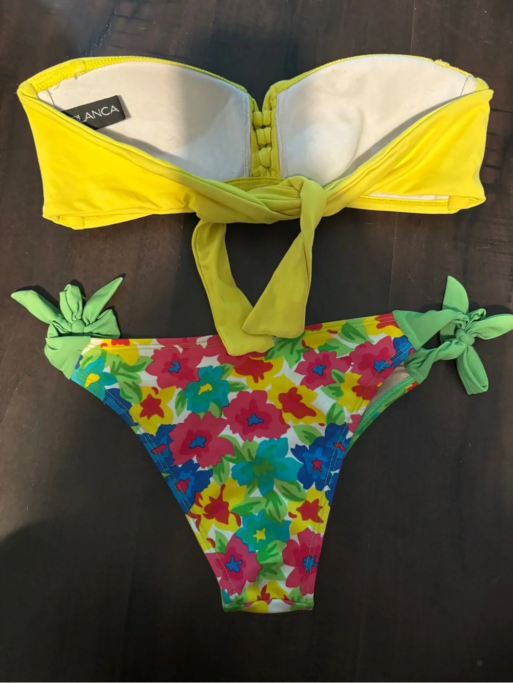 La Blanca Yellow Bandeau Top & retro Floral Tie-Side Bikini Bottom size 4,m